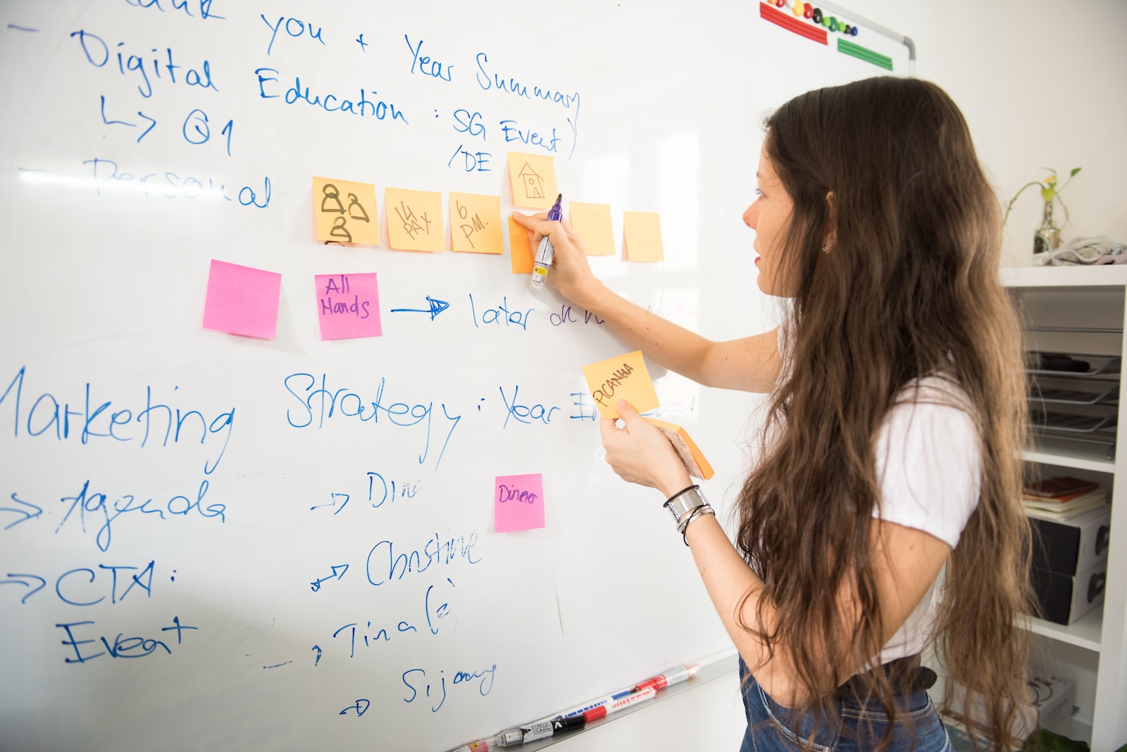 woman in blue denim jacket holding yellow sticky notes